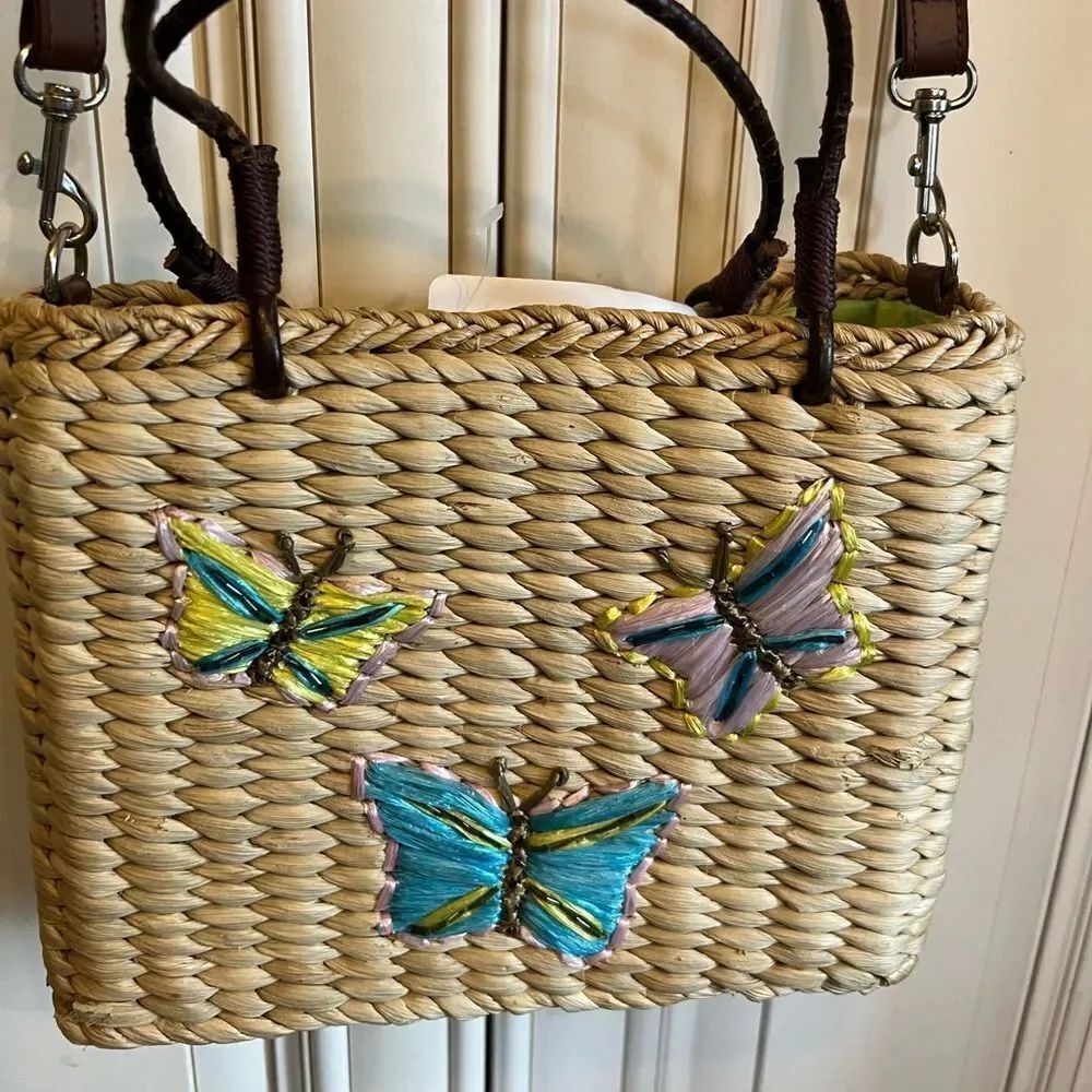 Genuine Sonoma Jeans Co. Woven Straw Purse w/ Floral Cloth Lining & Beach Scene